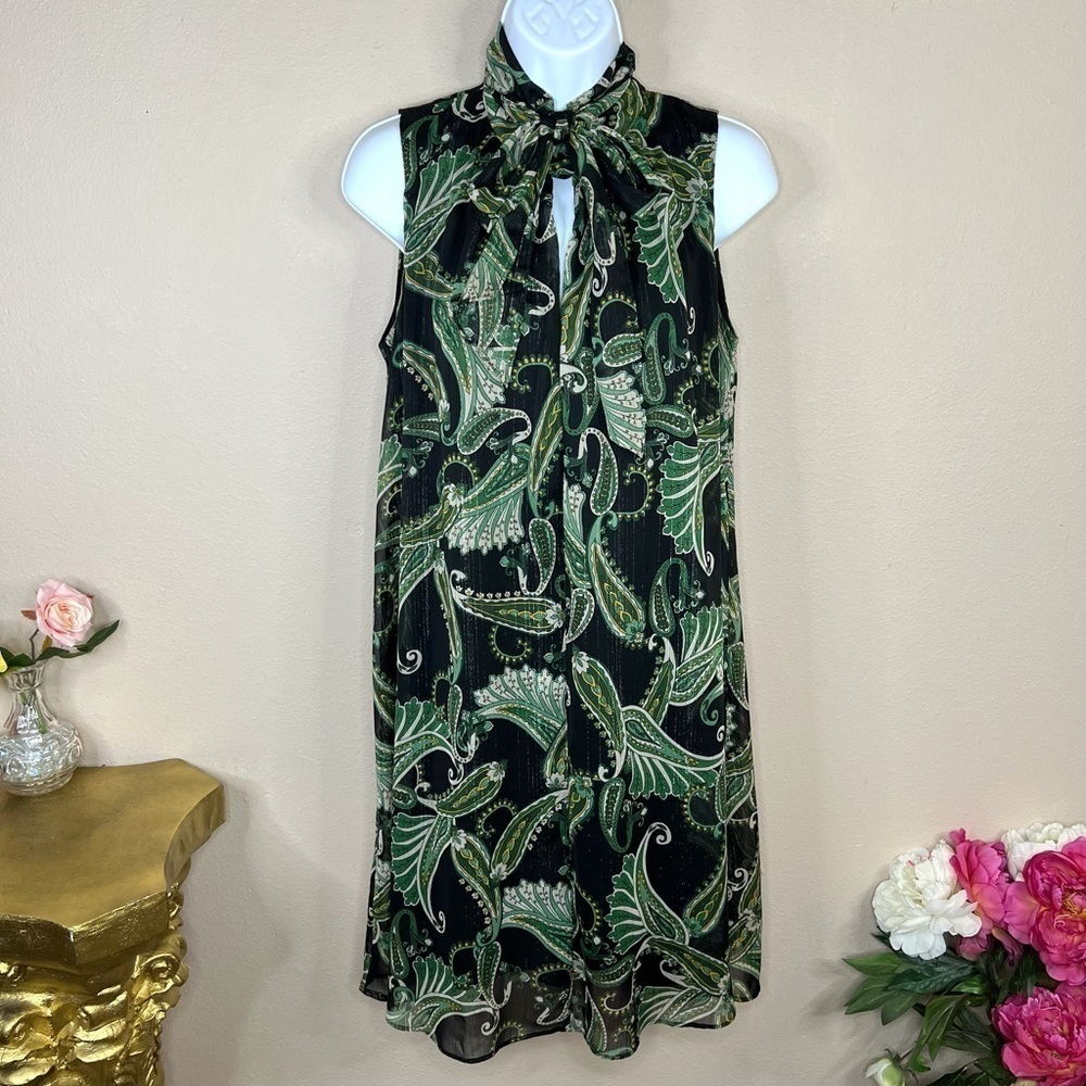 Size 6 London Times Black & Green Sleeveless Shift Dress Small Lined Neck Tie